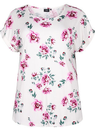 Zizzi Kwiatowa bluzka z wiskozy z krótkim rekawem, White Pink AOP, Packshot image number 0