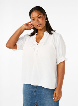 Zizzi Wiskozowa bluzka z krótkim rekawem i falbanka, Bright White, Model image number 0