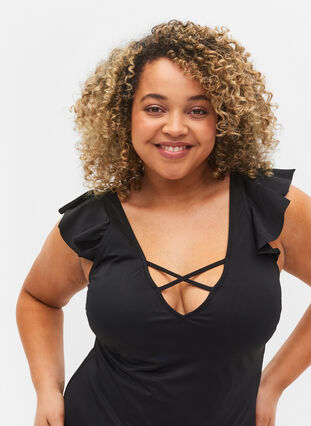 Zizzi Swimsuit with ruffle sleeves, Black, Model image number 2