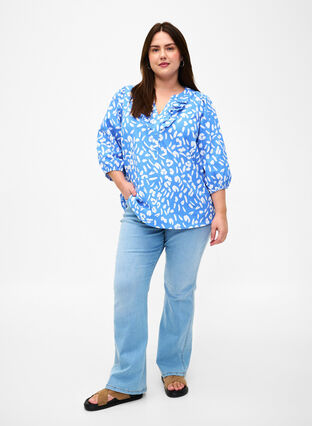 Bawelniana bluzka z rekawem 3/4 i nadrukiem, Marina White AOP, Model image number 2