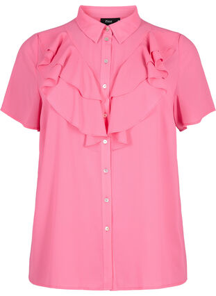 Zizzi Bluzka koszulowa z krótkim rekawem i falbanami, Pink Power, Packshot image number 0