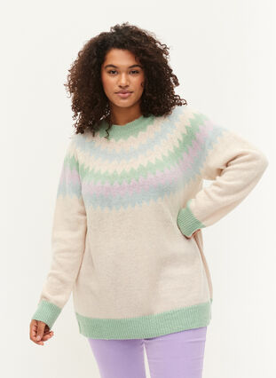 Zizzi Jacquard knit jumper, Birch Mel. Comb., Model image number 0