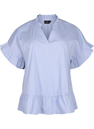 Zizzi Bluzka w paski z baskinka i marszczeniami, Blue Stripe, Packshot image number 0