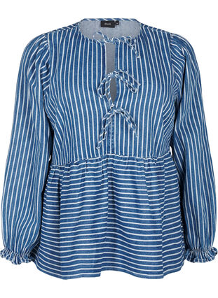 Zizzi Dzinsowa bluzka w paski z wiazaniem z przodu, Blue Denim Stripe, Packshot image number 0