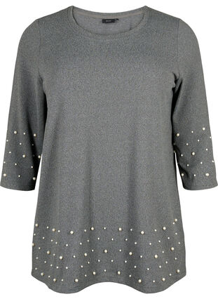 Zizzi Bluzka z perelkami i rekawem 3/4, Dark Grey Melange, Packshot image number 0