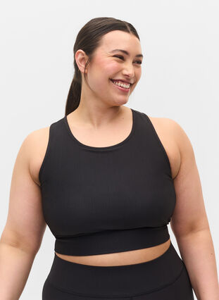 Zizzi 	Tight fitting crop top with rib texture, Black, Model image number 0