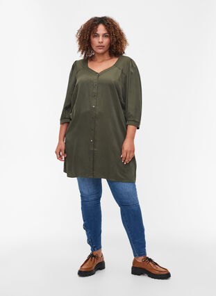 Zizzi 3/4-sleeved tunic with buttons, Deep Depths, Model image number 2