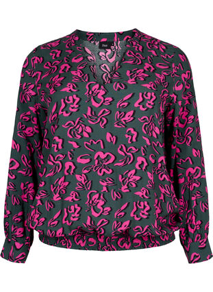 Zizzi Long sleeved viscose blouse with smock, Deep Forest AOP, Packshot image number 0