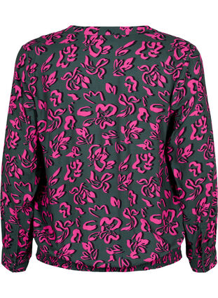 Zizzi Long sleeved viscose blouse with smock, Deep Forest AOP, Packshot image number 1