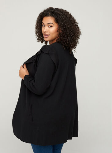 Zizzi Knitted cardigan with ruffles and pockets, Black, Model image number 1