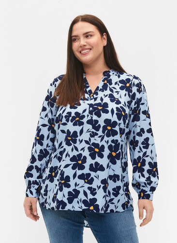 Zizzi Long-sleeved blouse with v-neck, Flower AOP, Model image number 0