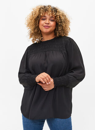 Zizzi Long-sleeved blouse with smocking, Black, Model image number 0