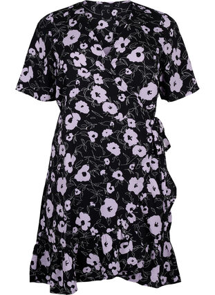 Kopertowa sukienka z nadrukiem i krótkim rekawem, Black Flower AOP, Packshot image number 0
