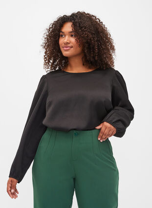 Zizzi Long sleeved blouse with round neck, Black, Model image number 0