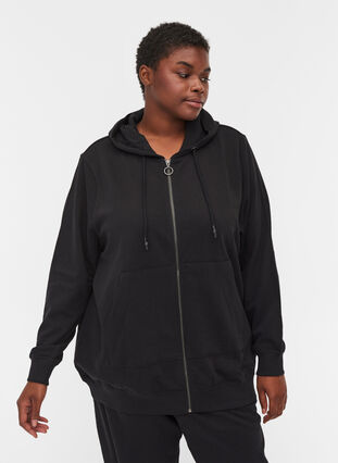 Zizzi Sweat cardigan with hood and pocket, Black, Model image number 0