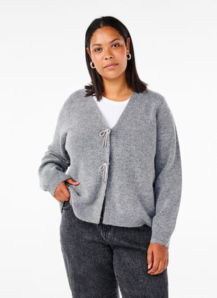 Zizzi Dzianinowy kardigan ze srebrna kokardka, Medium Grey Melange, Model image number 0