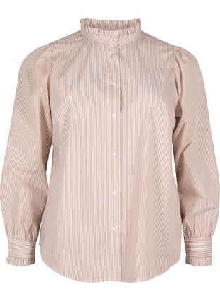 Zizzi Bluzka koszulowa w paski z falbanami, Silver Mink Stripe, Packshot image number 0