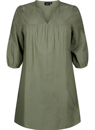 Zizzi Sukienka z mieszanki bawelny z lnem z szydelkowym detalem, Deep Lichen Green, Packshot image number 0