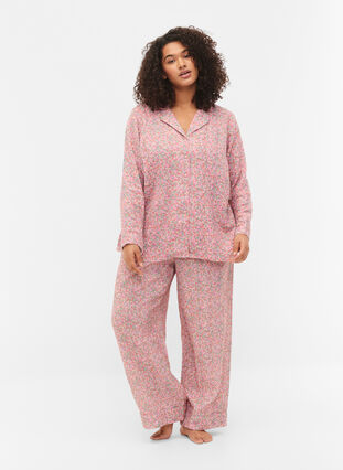 Zizzi Cotton pyjama bottoms with floral print, Powder Pink, Model image number 0