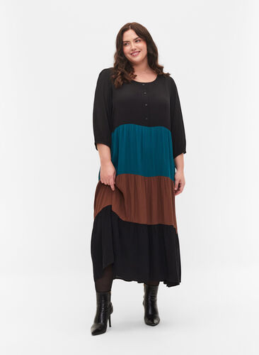 Zizzi Viscose dress with colorblock pattern, Brown Green Block, Model image number 0