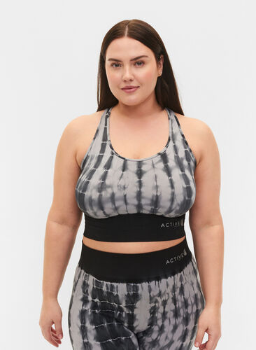 Zizzi Seamless sports bra with crossed back, Black Tie Dye, Model image number 0