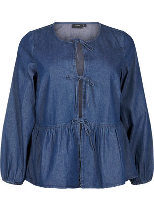 Zizzi Dzinsowa bluzka z pepitka i wiazaniem, Dark Blue Denim, Packshot image number 0