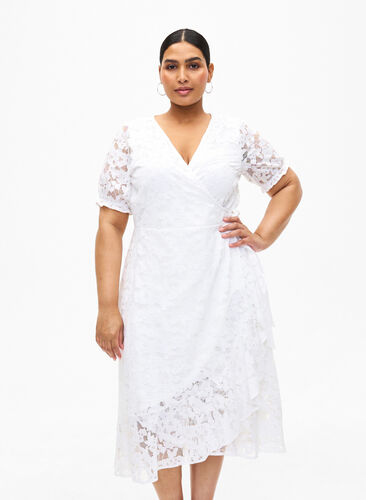 Zizzi Kopertowa sukienka z koronka i krótkimi rekawami, Bright White, Model image number 0