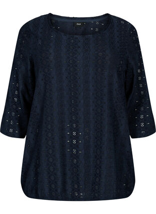 Zizzi Blouse with embroidery anglaise and 1/2 sleeves, Navy Blazer, Packshot image number 0