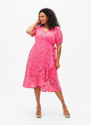 Zizzi Kopertowa sukienka z koronka i krótkimi rekawami, Pink Carnation, Model image number 0