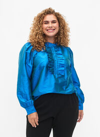 Blyszczaca bluzka koszulowa z falbanami, Diva Blue, Model
