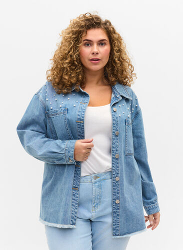 Zizzi Denim jacket with beading, Light blue denim, Model image number 0