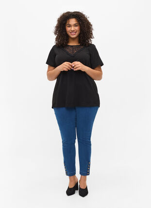 Zizzi Short-sleeved t-shirt with cotton details, Black, Model image number 2