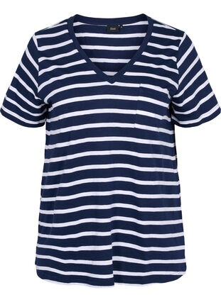 Zizzi Striped cotton t-shirt with v-neckline, Navy B White Stripe, Packshot image number 0