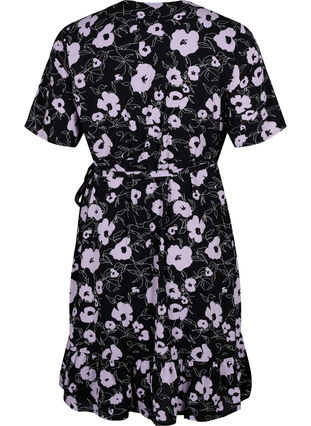 Kopertowa sukienka z nadrukiem i krótkim rekawem, Black Flower AOP, Packshot image number 1