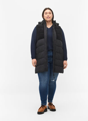 Zizzi Long vest with hood and zip, Black, Model image number 2