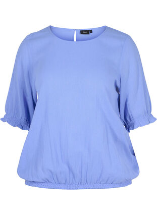 Zizzi Short-sleeved cotton blouse with smock, Wedgewood, Packshot image number 0