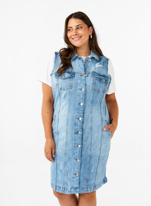 Zizzi Dzinsowa sukienka bez rekawów z niewykonczonymi brzegami, Light Blue Denim, Model image number 0