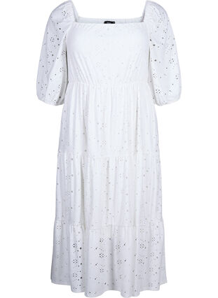 Dluga sukienka z koronkowym wzorem i dekoltem karo, Bright White, Packshot image number 0