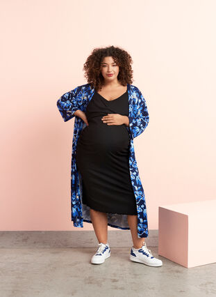 Zizzi Pregnancy kimono with 3/4 sleeves, Blue Flower Print, Image image number 0