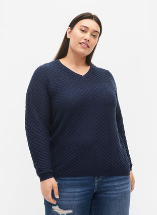 Zizzi Patterned knitted top with v-neckline, Navy Blazer, Model image number 0