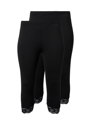 Zizzi 2-pair legginsy 3/4 z koronkowym wykonczeniem, Black / Black, Packshot image number 0