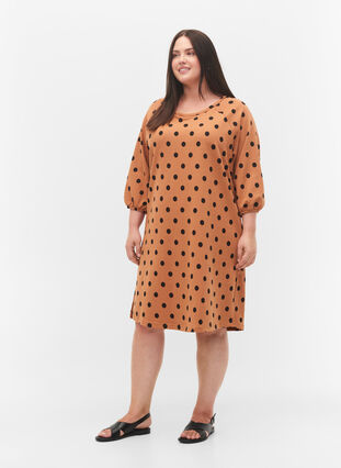 Zizzi Polka dot dress with 3/4 sleeves, Almond Black Dot, Model image number 2