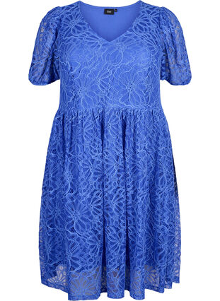 Zizzi Koronkowa sukienka z krótkim rekawem i dekoltem w szpic, Dazzling Blue, Packshot image number 0