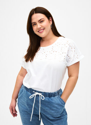 Zizzi T-shirt z organicznej bawelny z haftem angielskim, Bright White, Model image number 0