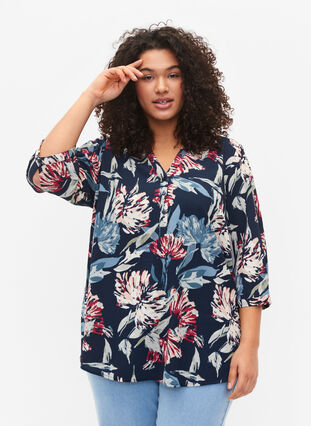 Zizzi Bluzka w kwiaty z rekawami 3/4, Navy Flower, Model image number 0