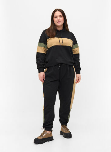 Zizzi Sweatpants with track details, Black/Camel, Model image number 0