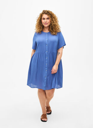 Zizzi Trapezowa sukienka z wiskozy z krótkimi rekawami, Moonlight Blue, Model image number 2