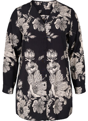 Zizzi Long floral viscose shirt, Black White AOP, Packshot image number 0