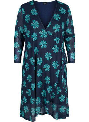 Zizzi Printed wrap mesh dress, Night Sky w Green , Packshot image number 0