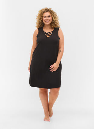 Zizzi Sleeveless night dress with v-neck and cord detail  , Black, Model image number 2